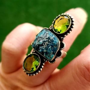 New Rough Blue Kyanite & Peridot 925 Silver Ring.